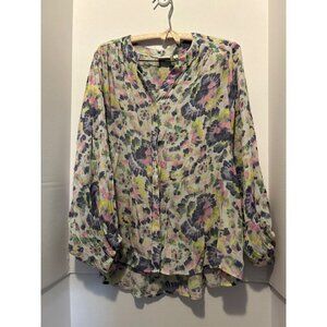 Zac & Rachel Blouse XL Sheer Floral Print Button Front Long Sleeve Top Boho Tuni
